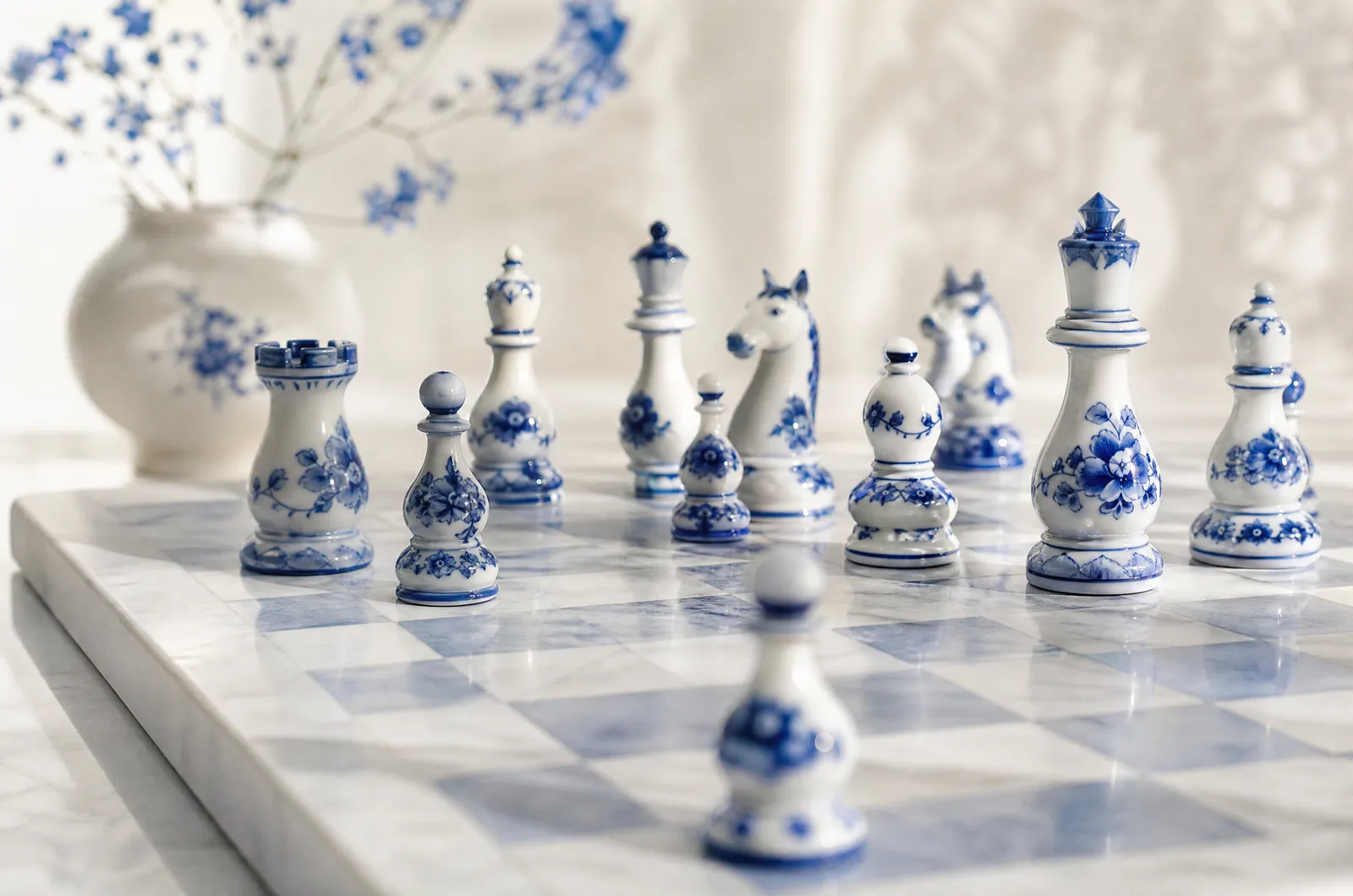 Gzhel porcelain chess pieces on a marble board