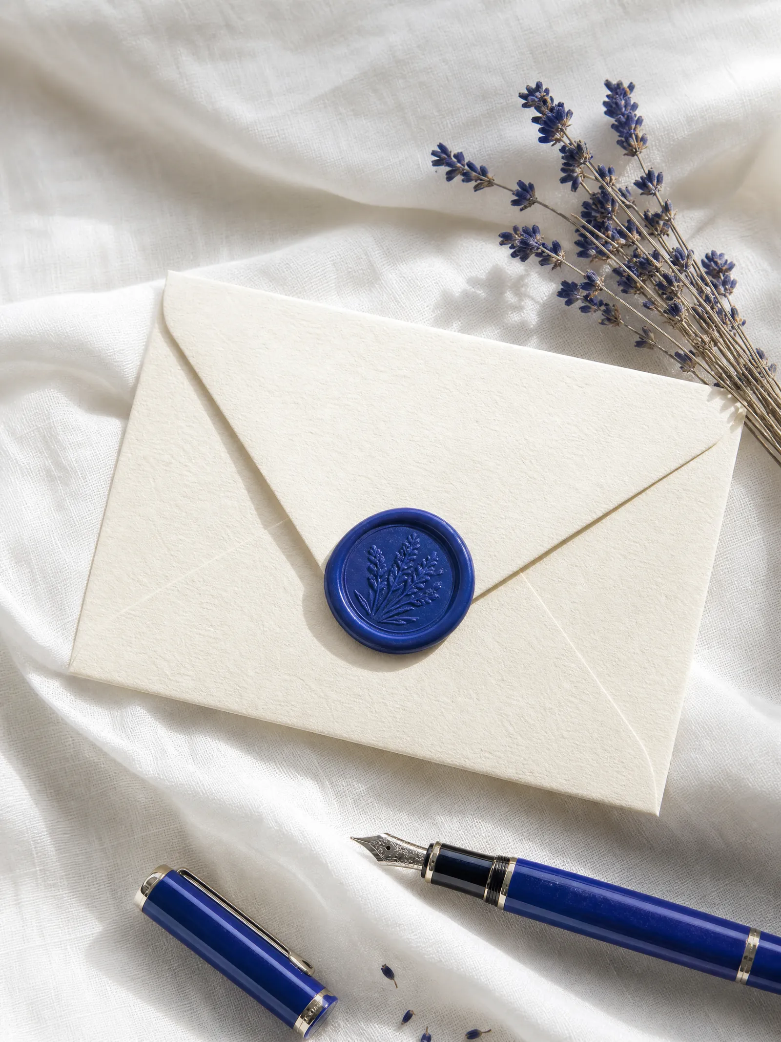 A cream envelope with a cobalt wax seal