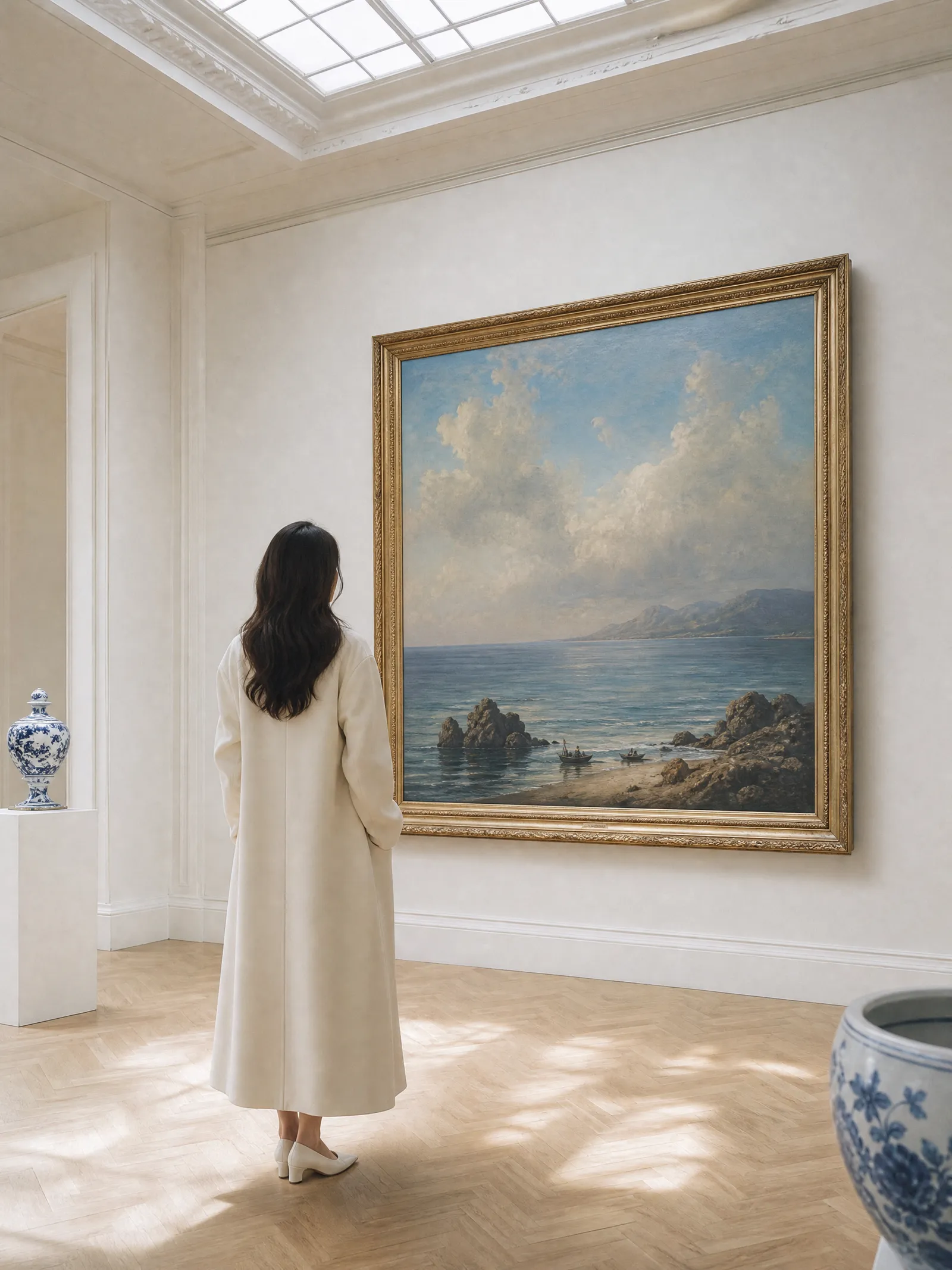 A young woman in a museum looking at a seascape painting