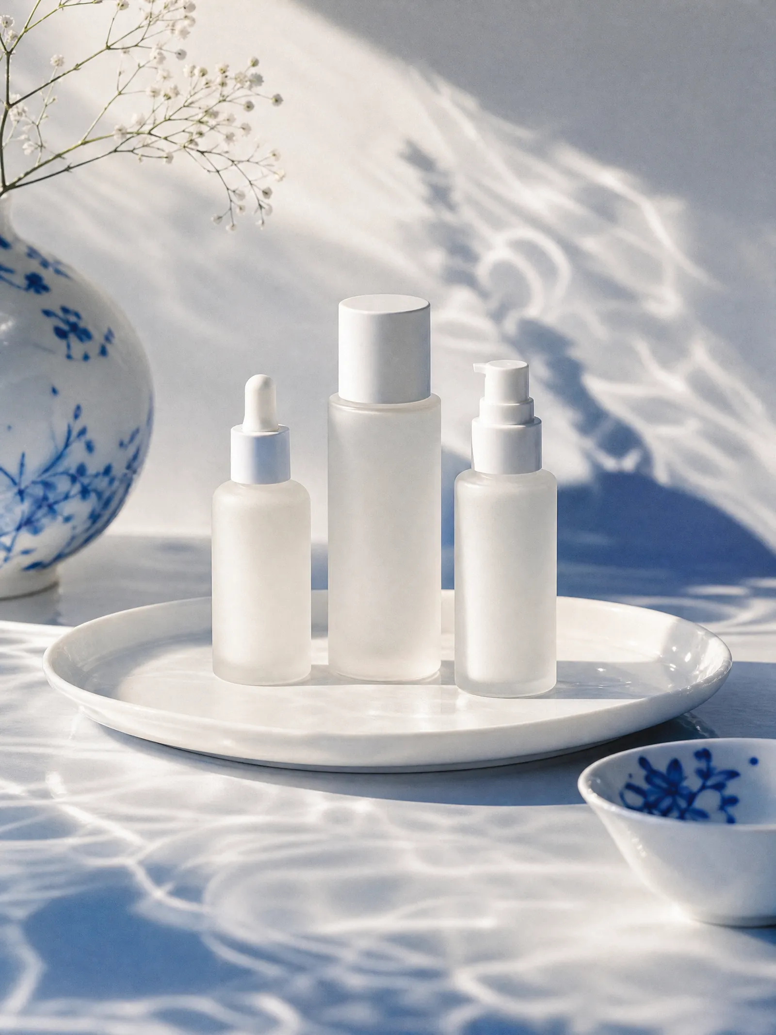 Frosted skincare bottles on a porcelain tray