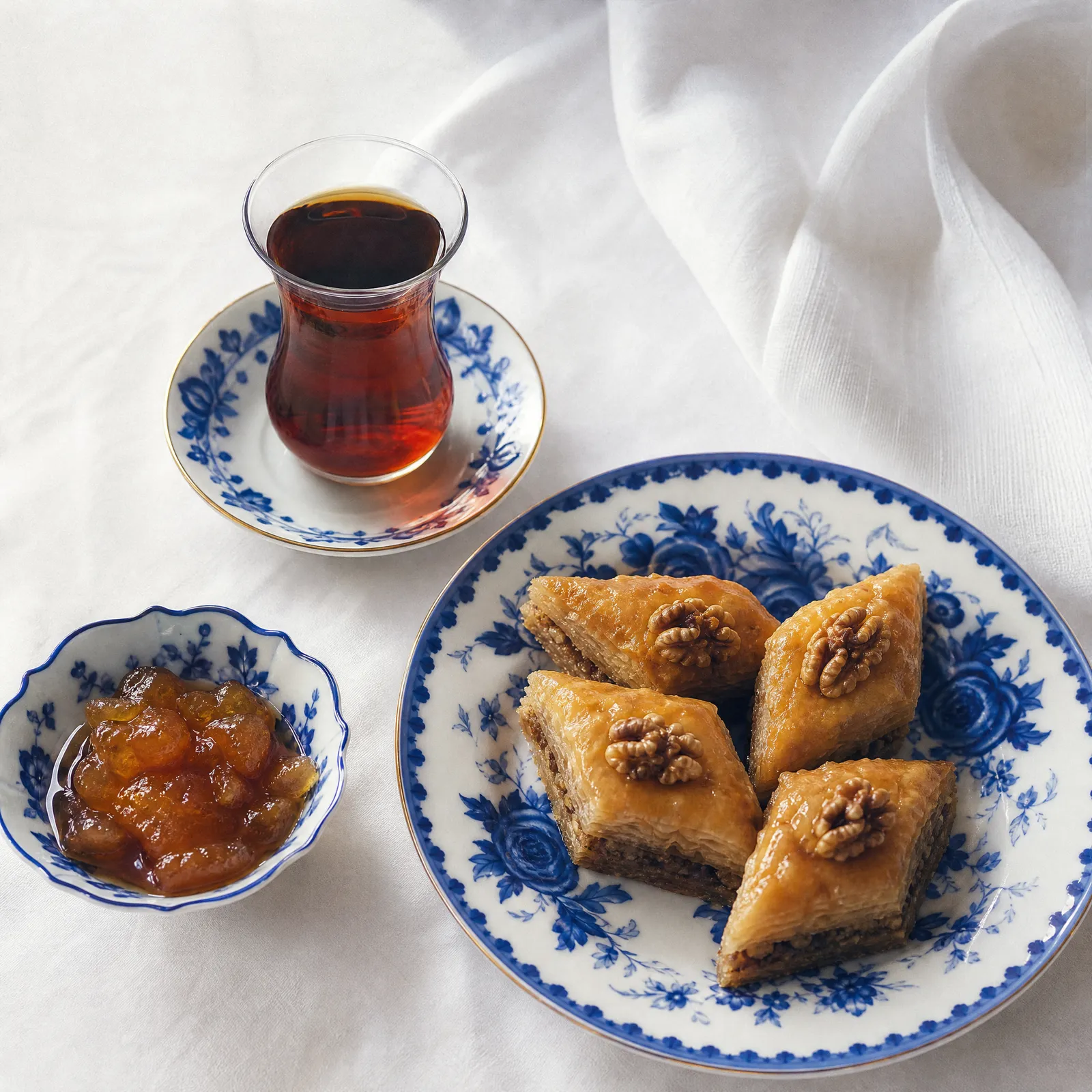 Azerbaijani tea with pakhlava and quince jam